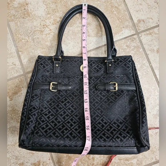 Tommy Hilfiger Black Monogram Satchel Bag Purse Classic Preppy Tote Handbag - Picture 8 of 8